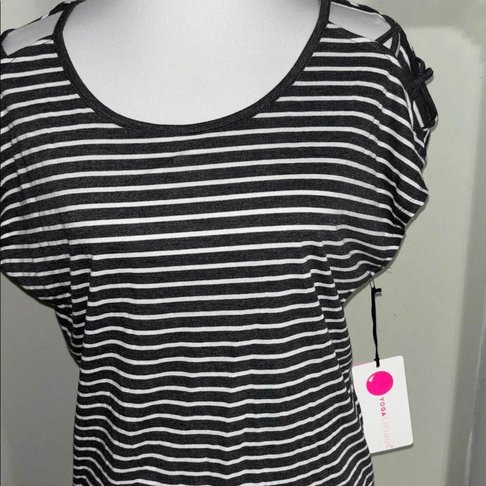 Yogalicious Dark Gray  and White Striped Short Sleeve Top